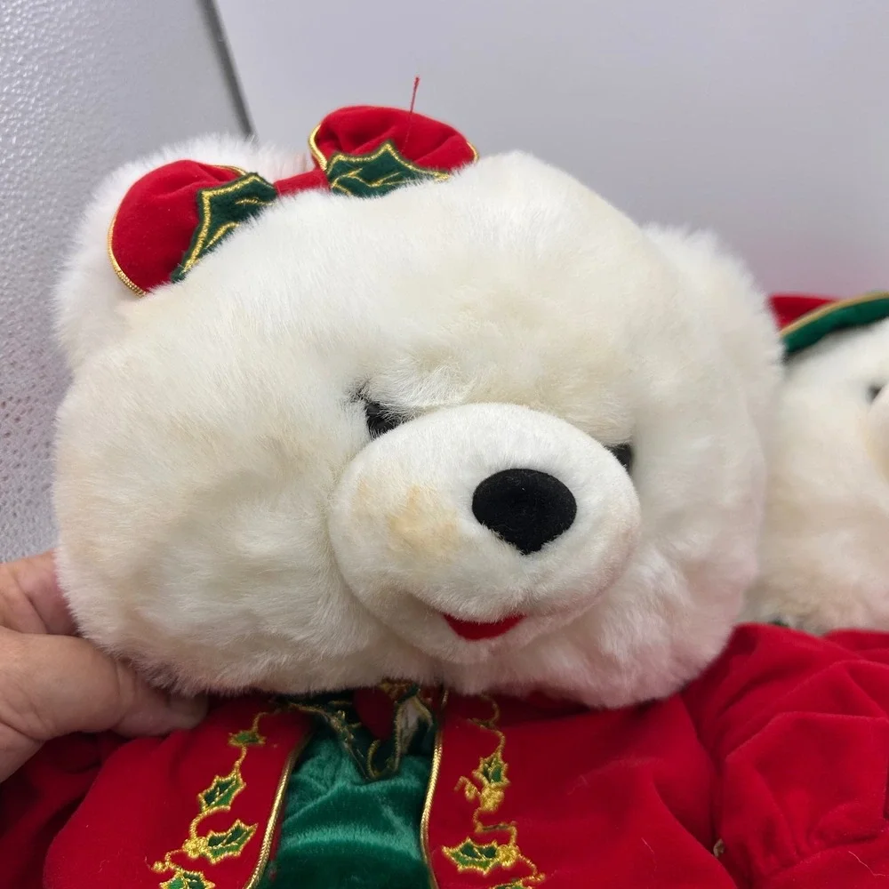 Vintage TB Toy Trading Christmas Bear Stockings Set of 2 Red Green Velvet Plush
